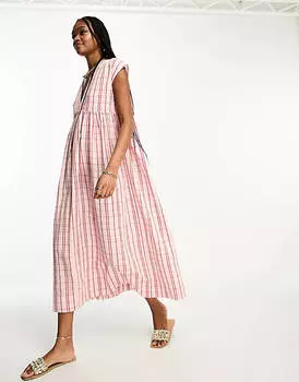 Розовое хлопковое платье миди с v-образным вырезом ASOS DESIGN Tall