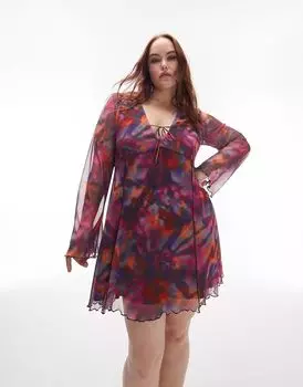 Розовое короткое платье из сетки с фестончатым краем Topshop Curve