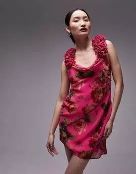 Розовое короткое платье-комбинация с воротником-хомутом Topshop с цветочным принтом и объемными оборками