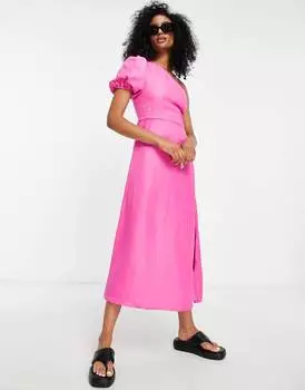 Розовое льняное платье миди на одно плечо Topshop