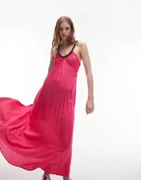 Розовое макси-платье Topshop с ремешками и бусинами