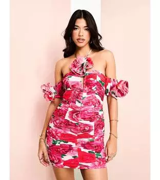 Розовое мини-платье ASOS LUXE со сборками на шее, корсетным лифом и корсажной деталью ASOS LUXE