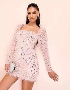 Розовое мини-платье с длинными рукавами, пышными рукавами и пайетками ASOS