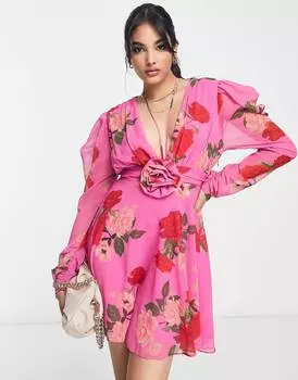 Розовое мини-платье с длинными рукавами, завязками и корсажем ASOS DESIGN