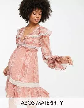 Розовое мини-платье с кружевной вставкой и рюшами на пуговицах ASOS DESIGN Maternity