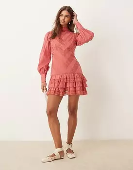Розовое мини-платье с кружевной вышивкой и оборками ASOS DESIGN