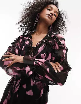 Розовое мини-платье с оборками и v-образным вырезом Topshop