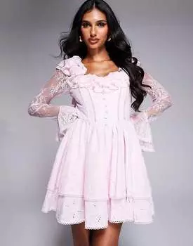 Розовое мини-платье с плиссированной юбкой ASOS LUXE – с корсетным лифом, вышивкой с люверсами и кружевными рукавами