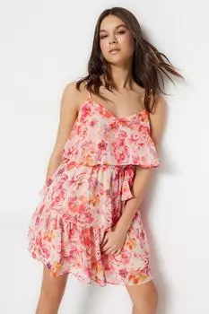 Розовое мини-платье с тканой подкладкой и воланами с цветочным принтом Trendyol, розовый