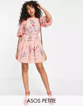 Розовое мини-платье с высоким воротником и кружевной отделкой ASOS DESIGN Petite