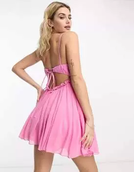 Розовое мини-платье в стиле бэби-долл со сборками на груди ASOS