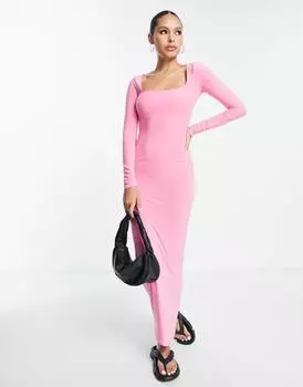 Розовое облегающее платье макси с квадратным вырезом ASOS DESIGN