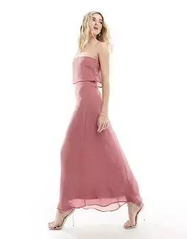 Розовое платье для подружек невесты макси с вырезом-бандо и бретелями Vila Bridesmaid