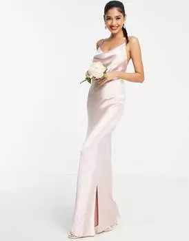 Розовое платье-комбинация макси на бретельках ASOS DESIGN Bridesmaid из блестящего атласа со шнуровкой сзади ASOS DESIGN Bridesmaid