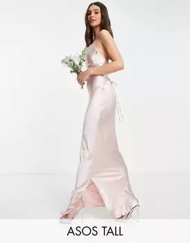 Розовое платье-комбинация макси на бретельках ASOS DESIGN Tall Bridesmaid из блестящего атласа со шнуровкой сзади ASOS DESIGN Tall Bridesmaid