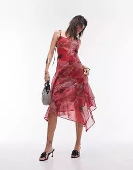 Розовое платье-комбинация миди на бретелях с бисером и размытым цветочным принтом Topshop