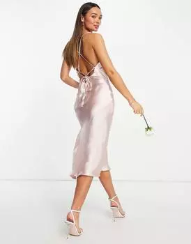 Розовое платье-комбинация миди на бретелях ASOS DESIGN Bridesmaid из блестящего атласа со шнуровкой сзади