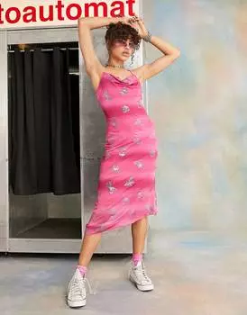 Розовое платье-комбинация миди с блестками и воротником-хомутом COLLUSION