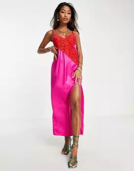 Розовое платье-комбинация в стиле колор-блок с контрастным кружевом Topshop