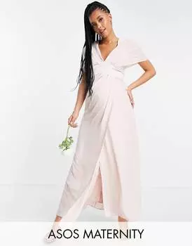 Розовое платье макси ASOS DESIGN Maternity Bridesmaids с пышными рукавами, атласным поясом с узором шеврон и пуговицами сзади ASOS DESIGN Maternity Bridesmaids