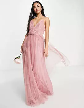 Розовое платье макси из тюля со складками ASOS DESIGN Bridesmaid