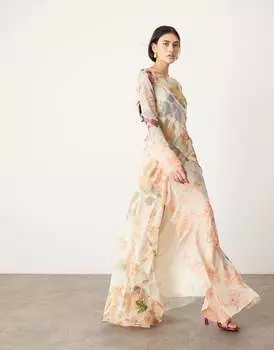 Розовое платье макси косого кроя с длинными рукавами ASOS