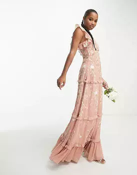 Розовое платье макси на бретельках с вышивкой ASOS DESIGN Petite Bridesmaid