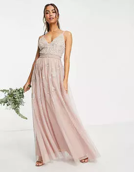 Розовое платье макси на бретелях с цветочной вышивкой и жемчугом ASOS DESIGN Bridesmaid
