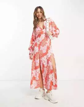 Розовое платье макси с глубоким вырезом и крыльями летучей мыши ASOS