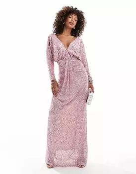 Розовое платье макси с глубоким вырезом и пайетками Goddiva
