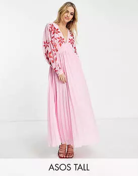 Розовое платье макси с глубоким вырезом и вышивкой ASOS DESIGN Tall