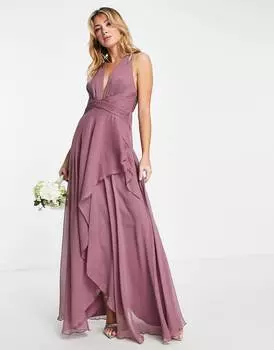 Розовое платье макси с лифом и многослойной юбкой с запахом ASOS DESIGN Bridesmaid
