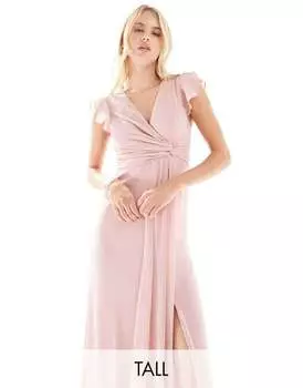 Розовое платье макси с развевающимися рукавами и рюшами TFNC Bridesmaid