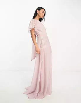 Розовое платье макси с рукавами ангела и цветочной аппликацией ASOS DESIGN Bridesmaids