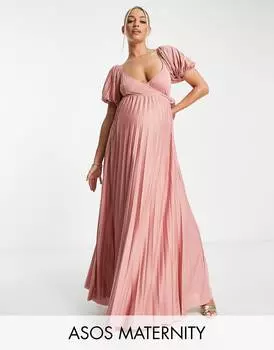 Розовое платье макси с вырезом и пышными рукавами ASOS DESIGN Maternity
