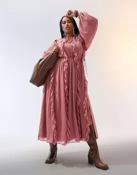 Розовое платье макси с высоким воротником и оборками ASOS DESIGN Curve