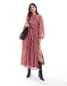 Розовое платье макси с высоким воротником и оборками ASOS DESIGN