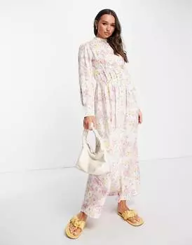 Розовое платье макси с высоким вырезом и юбкой на пуговицах ASOS DESIGN