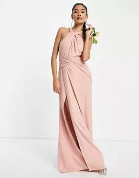 Розовое платье макси с завязками на шее и юбкой со складками ASOS DESIGN Bridesmaid