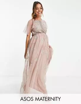 Розовое платье макси с жемчугом и цветочной вышивкой ASOS DESIGN Maternity Bridesmaid