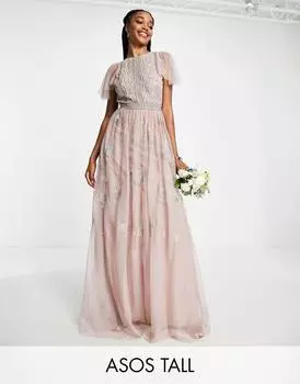 Розовое платье макси с жемчугом и цветочной вышивкой ASOS DESIGN Tall Bridesmaid