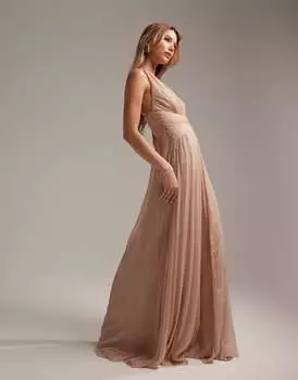 Розовое платье макси со сборками и драпировкой на лифе и запахом на талии ASOS Bridesmaid