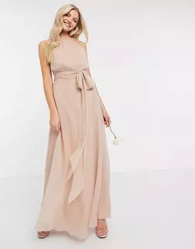 Розовое платье макси со сборками и завязками на талии ASOS DESIGN Bridesmaid