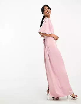 Розовое платье макси Vila Bridesmaid с развевающимися рукавами и завязкой на талии