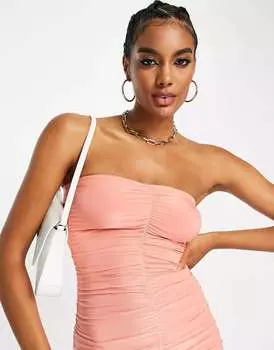 Розовое платье миди-бандо со сборками River Island