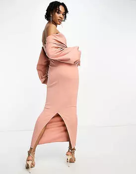 Розовое платье миди-карандаш с открытыми плечами и длинными рукавами ASOS DESIGN Tall
