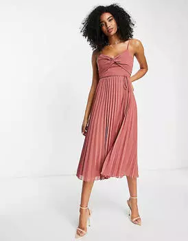 Розовое платье миди на бретелях со складками и поясом ASOS DESIGN