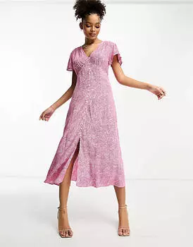 Розовое платье миди на пуговицах с развевающимися рукавами French Connection