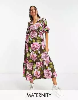 Розовое платье миди с цветочным принтом River Island