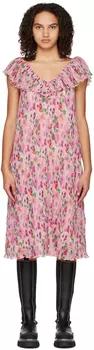 Розовое платье-миди с цветочным принтом GANNI